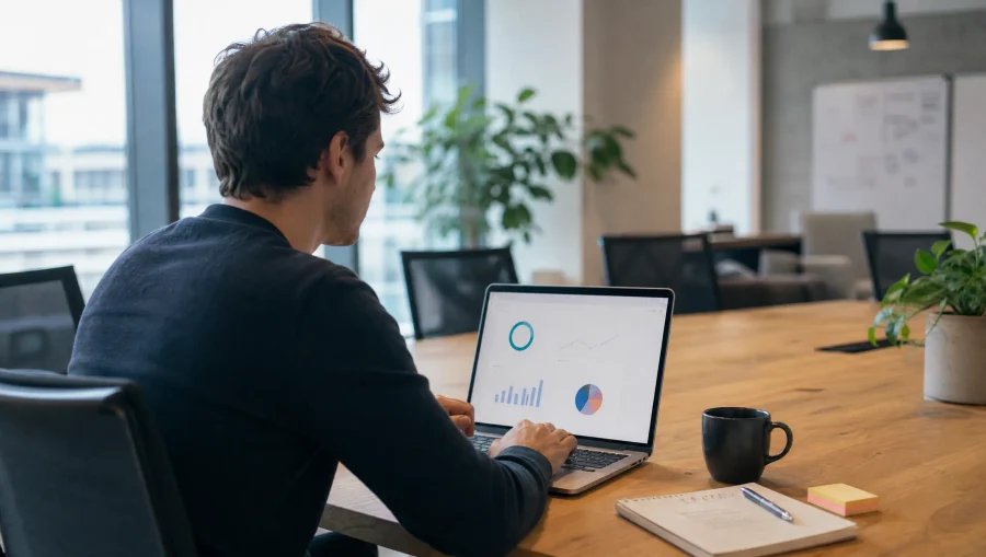 7 Employee Referral Program Mistakes and How to Fix Them 2 HR professional reviewing a referral program dashboard, representing Discovered's automation tools