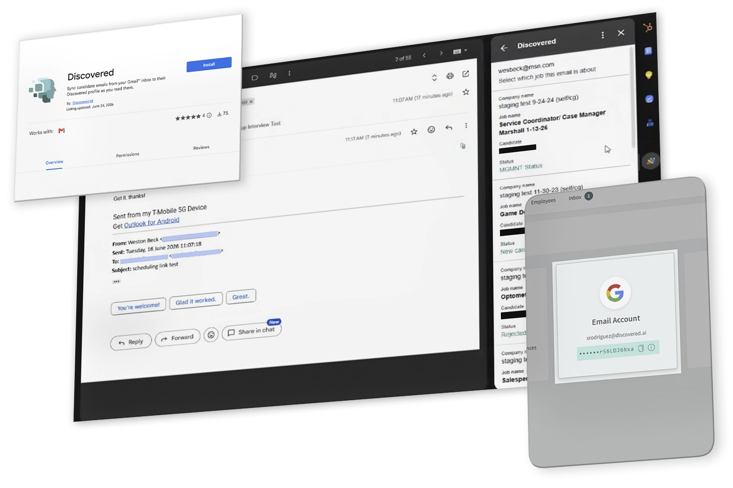 A collage showing the Google Workspace Marketplace listing and integration panels for a Gmail add-on for recruiters.