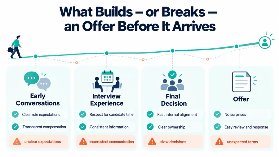 How to Improve Your Job Offer Acceptance Rate Without Losing Great Candidates 3 Hiring journey showing factors that influence job offer acceptance