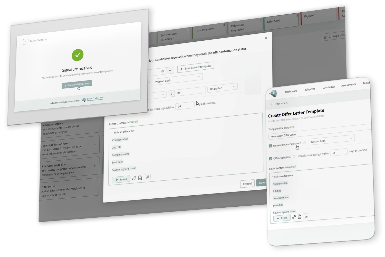 A collage displaying key hiring software tools used to build, manage, and sign offer letters for employers.