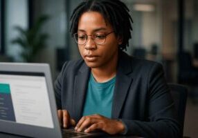 Recruiter sending automated SMS updates to candidates from a desktop computer in a modern office.