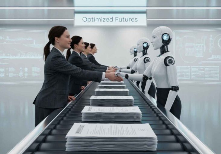 Conveyor belt turning resumes into real candidates with AI support, metaphor for streamlining hiring stages.