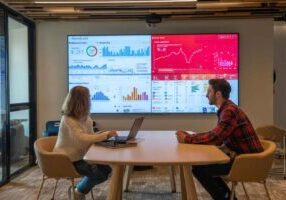 Recruiters discussing AI recruitment performance metrics on a big screen.