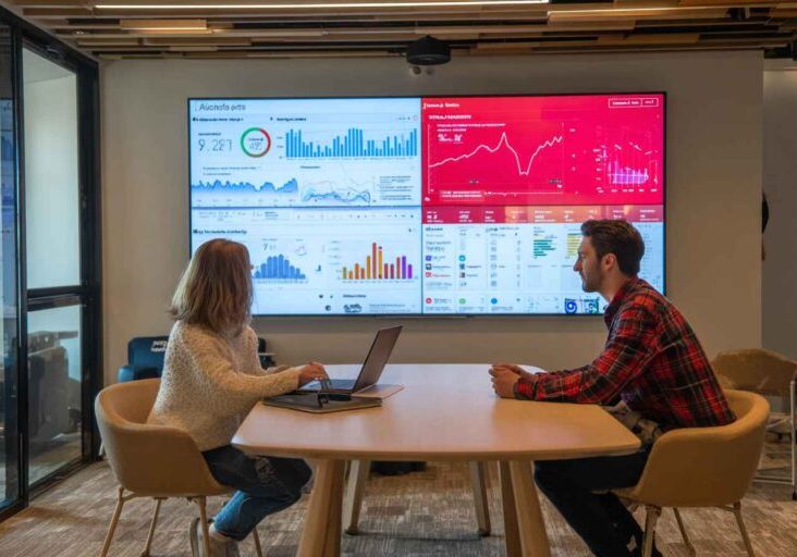 Recruiters discussing AI recruitment performance metrics on a big screen.