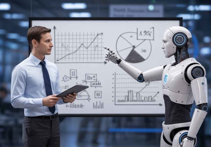 Human recruiter and robot analyzing candidate data for predictive hiring.