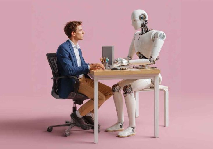 A recruiter depicted as a giant, empowered by AI to easily manage large numbers of candidates.