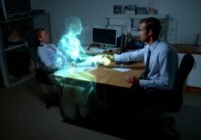 Realistic metaphor of AI recruiting chatbot providing round-the-clock candidate communication.