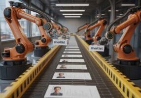 Realistic metaphor of resumes on a conveyor belt with AI sorting candidates into a shortlist.