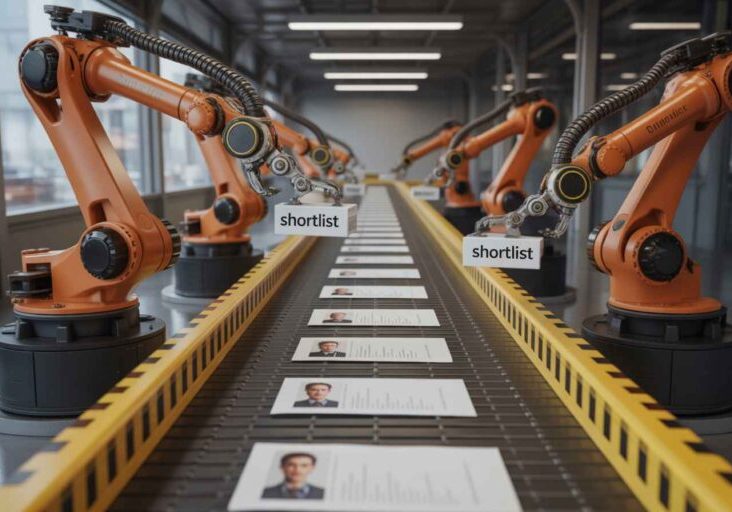 Realistic metaphor of resumes on a conveyor belt with AI sorting candidates into a shortlist.