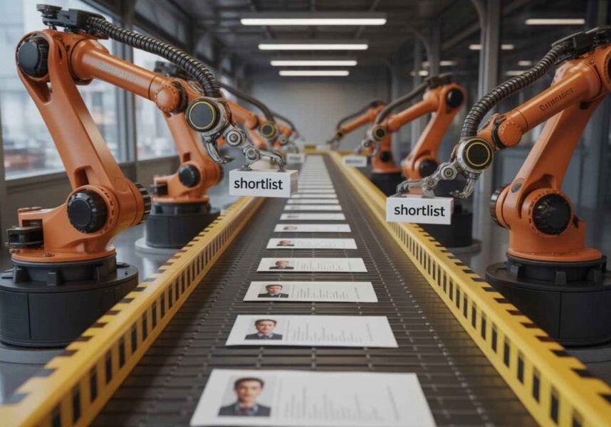 Realistic metaphor of resumes on a conveyor belt with AI sorting candidates into a shortlist.