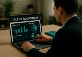 A recruiter studies a laptop screen showing analytics on recruitment funnel, source of hire, and departmental hiring—demonstrating Talent Acquisition for Business Success.
