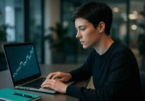 HR professional analyzing recruitment metrics and tenure-performance trends on a laptop.