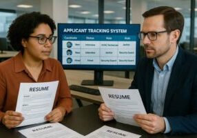 HR professionals reviewing resumes with an ATS dashboard showing applicant roles and hiring status in the background.