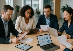 Hiring team reviewing candidate scorecards during a debrief meeting.