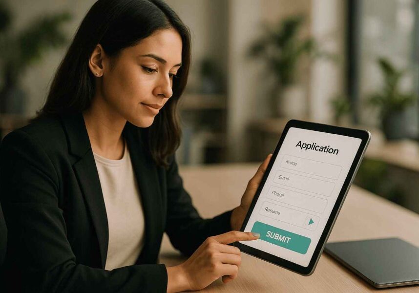 A professional woman submitting her job application through a mobile-optimized form—designed to reduce friction for Mobile-First Candidates.
