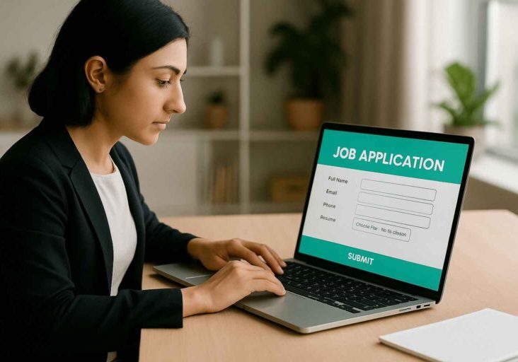 A job applicant filling out an online job application form after being redirected from a direct candidate outreach email.