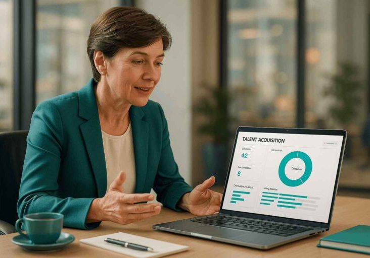 A businesswoman discussing recruitment data on a laptop showing talent acquisition analytics, representing leadership insights for Talent Acquisition CEOs.