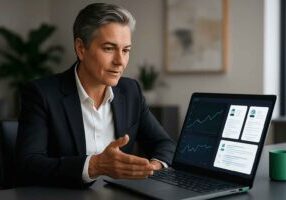 CEO evaluating hiring data on a video call to stay engaged in talent acquisition decisions.