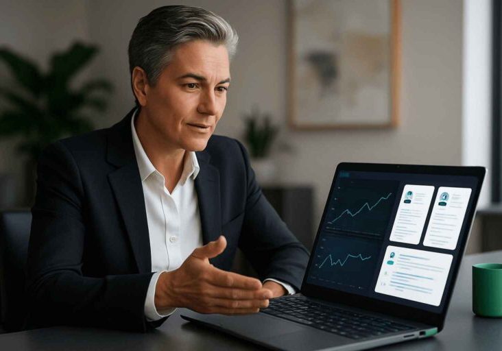 CEO evaluating hiring data on a video call to stay engaged in talent acquisition decisions.