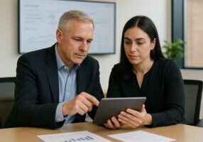 A CEO and HR leader review a hiring performance report on a tablet using an applicant tracking system during a meeting.