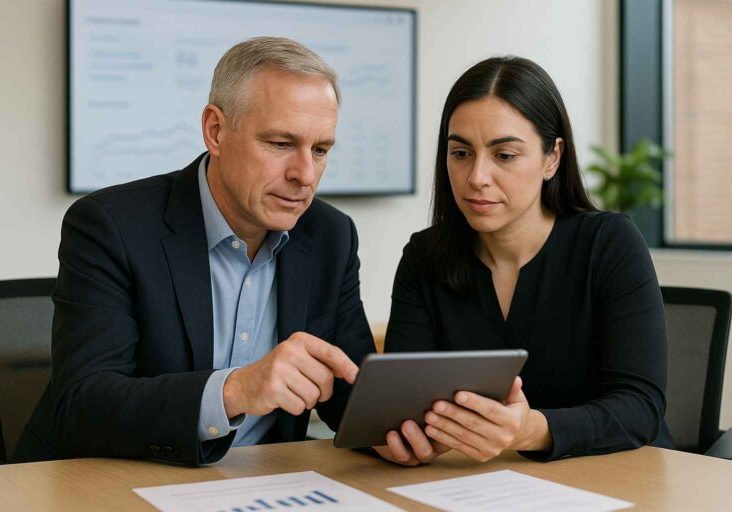A CEO and HR leader review a hiring performance report on a tablet using an applicant tracking system during a meeting.