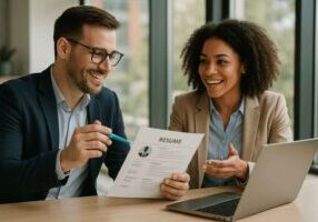 CEO and HR leader reviewing a candidate resume together, discussing culture fit and avoiding contingency recruiters