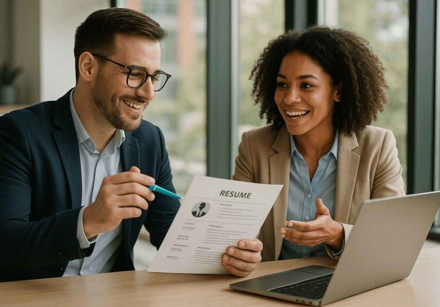 CEO and HR leader reviewing a candidate resume together, discussing culture fit and avoiding contingency recruiters