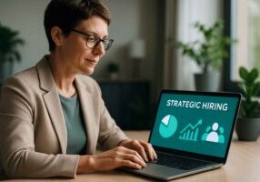 HR professional analyzing hiring statistics on a tablet in a home office