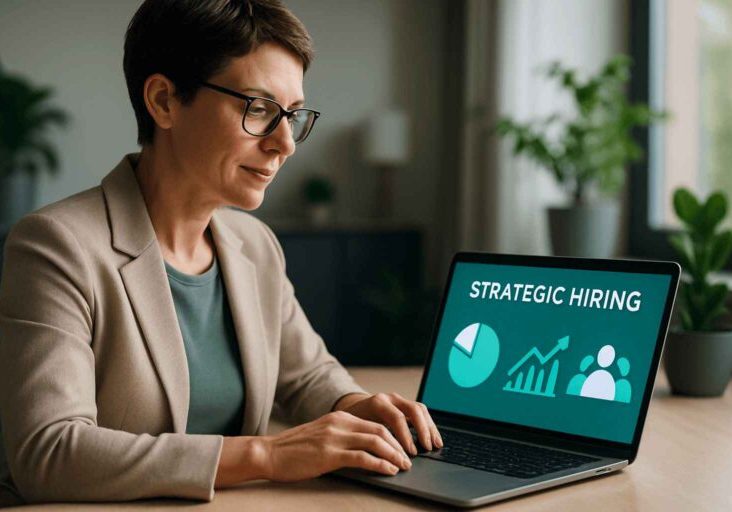 HR professional analyzing hiring statistics on a tablet in a home office