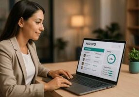A female looking at the hiring dashboard on laptop screen.
