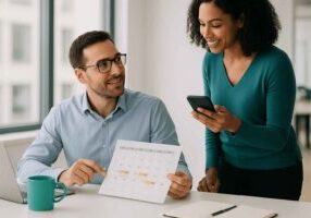 HR manager and candidate discussing interview schedule using a shared tablet interface.