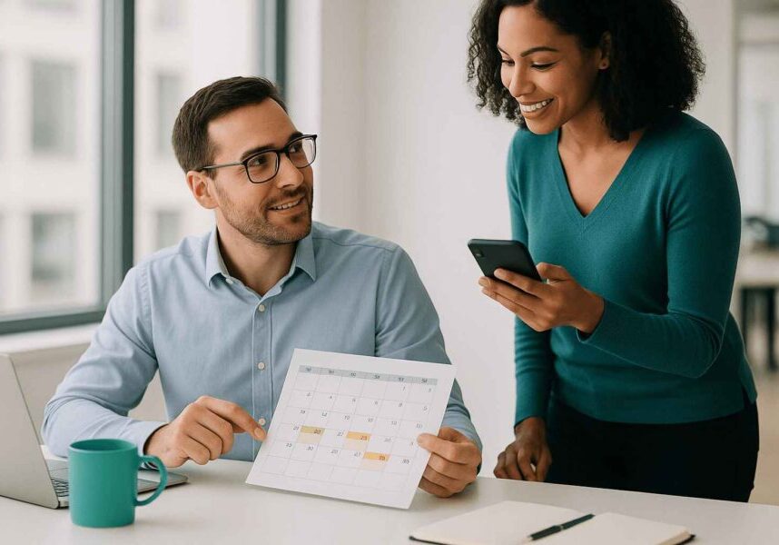 HR manager and candidate discussing interview schedule using a shared tablet interface.