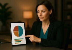 A professional woman closely reviews DISC assessment charts on her tablet, considering whether a candidate should retake DISC assessment after development.