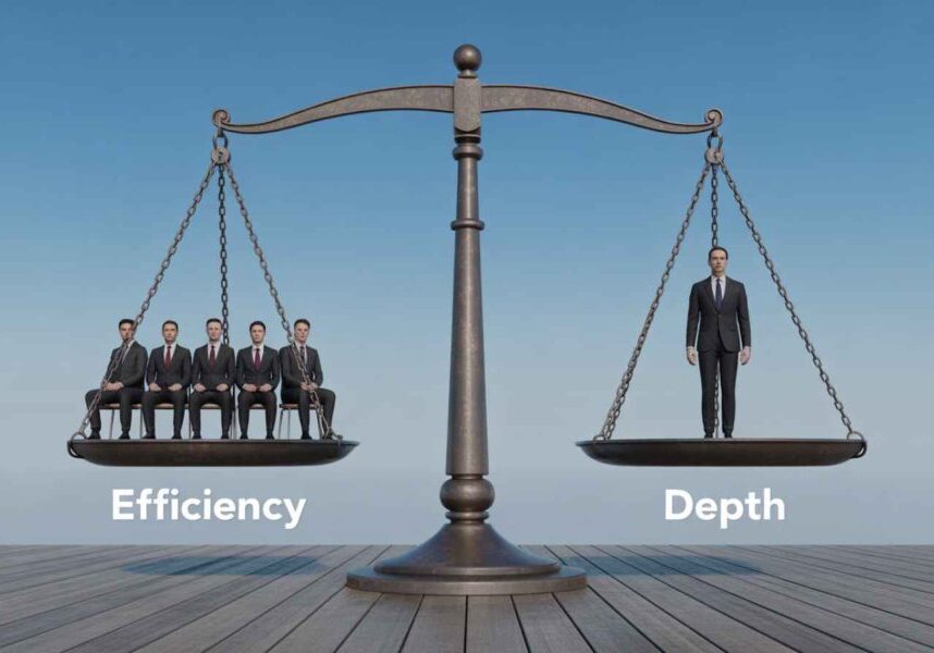 Visual metaphor of balancing efficiency of group interviews with the depth of one-on-one interviews.