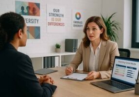 Employer interviewing a hiring agency about fair hiring practices.