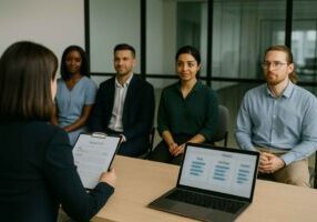 Diverse group of job candidates undergoing a structured, fair interview process.