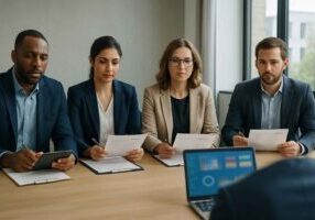 A diverse hiring panel using structured scorecards in an inclusive interview process.