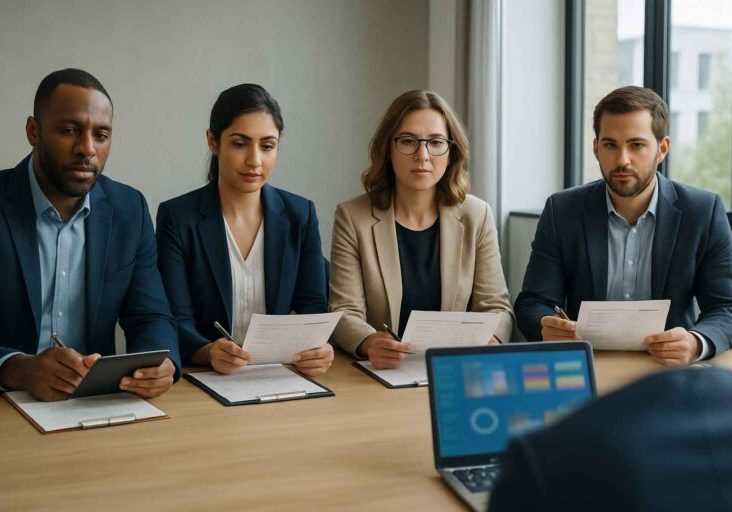 A diverse hiring panel using structured scorecards in an inclusive interview process.