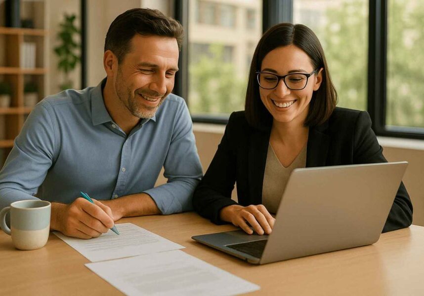 CEO and HR manager reviewing candidate resumes together at a laptop, discussing issues related to Contingency Recruiter Failure.