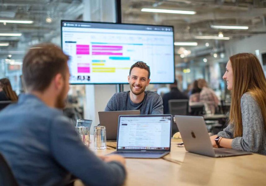 Recruitment team collaborating during a high-volume hiring process