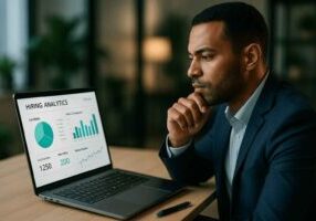 A hiring manager analyzes a digital dashboard labeled “Hiring Analytics,” reviewing metrics from the latest Talent Acquisition Report.