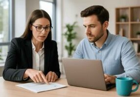 HR manager and recruiter reviewing hiring dashboard to analyze stage-by-stage recruitment performance.