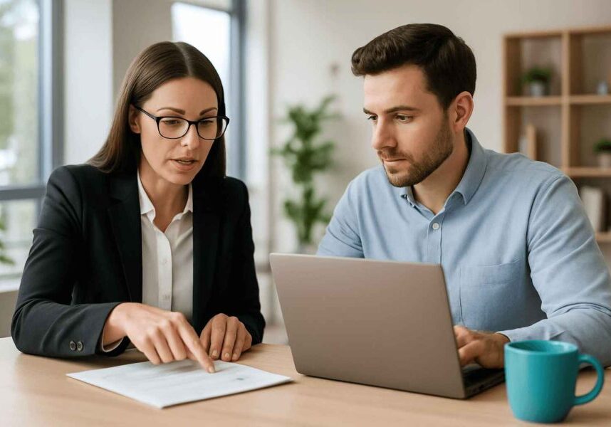 HR manager and recruiter reviewing hiring dashboard to analyze stage-by-stage recruitment performance.