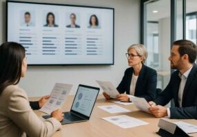 Hiring team reviewing structured candidate scorecards together