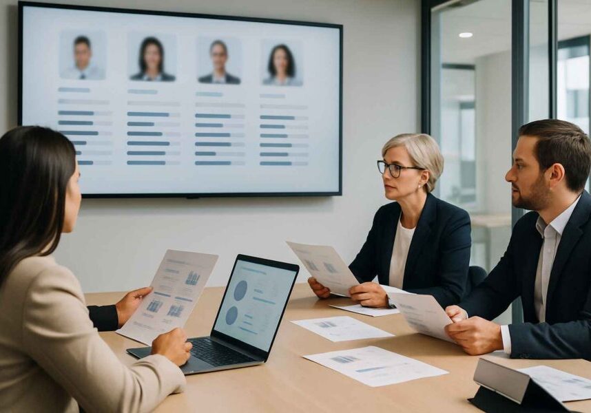 Hiring team reviewing structured candidate scorecards together