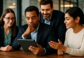 A diverse hiring team reviews a candidate profile on a tablet, discussing team feedback in a professional office setting.