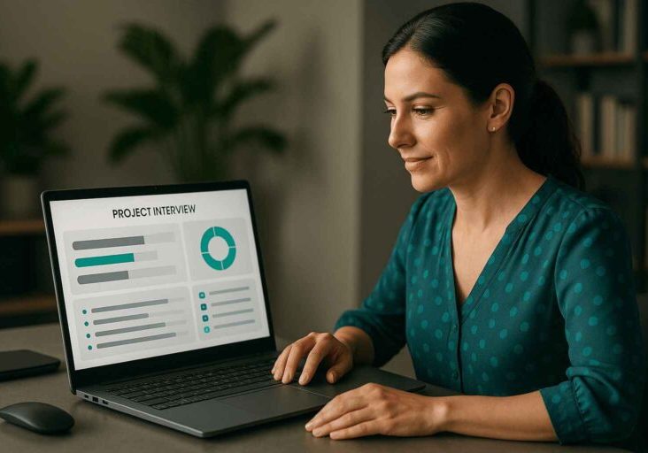 Recruiter reviewing a candidate’s project interview performance metrics on screen.