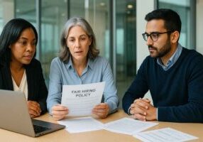 HR team reviewing hiring compliance policies in a modern office.