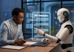 Recruiter working with humanoid robot to refine job description with hiring expert gpt on glowing tablet