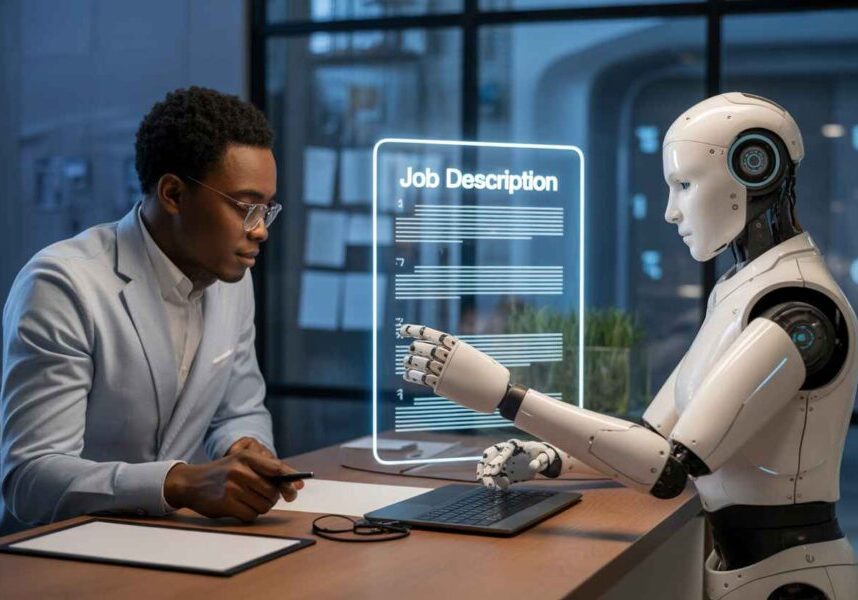 Recruiter working with humanoid robot to refine job description with hiring expert gpt on glowing tablet